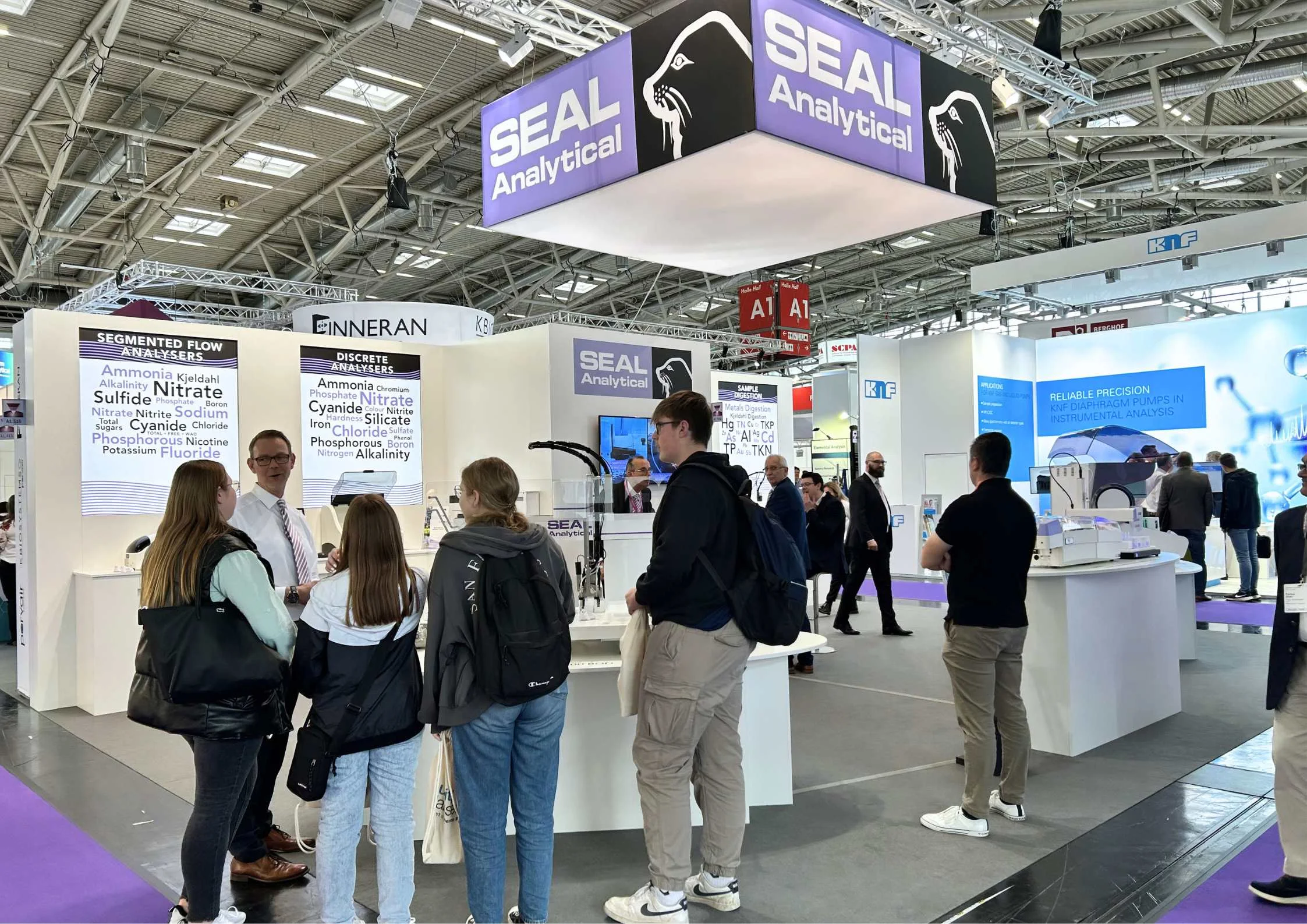 SEAL Analytical exhibiting discrete and continuous flow nutrient analyzers with live product demonstration at Analytica.