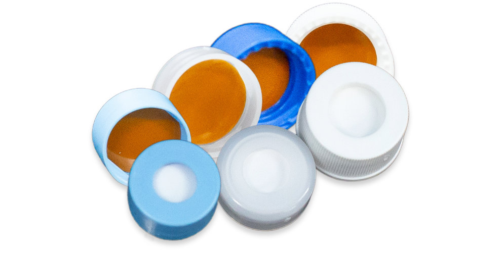 Assorted polyimide/silicone-lined vial closures on white background, compatible with multi-injection workflows