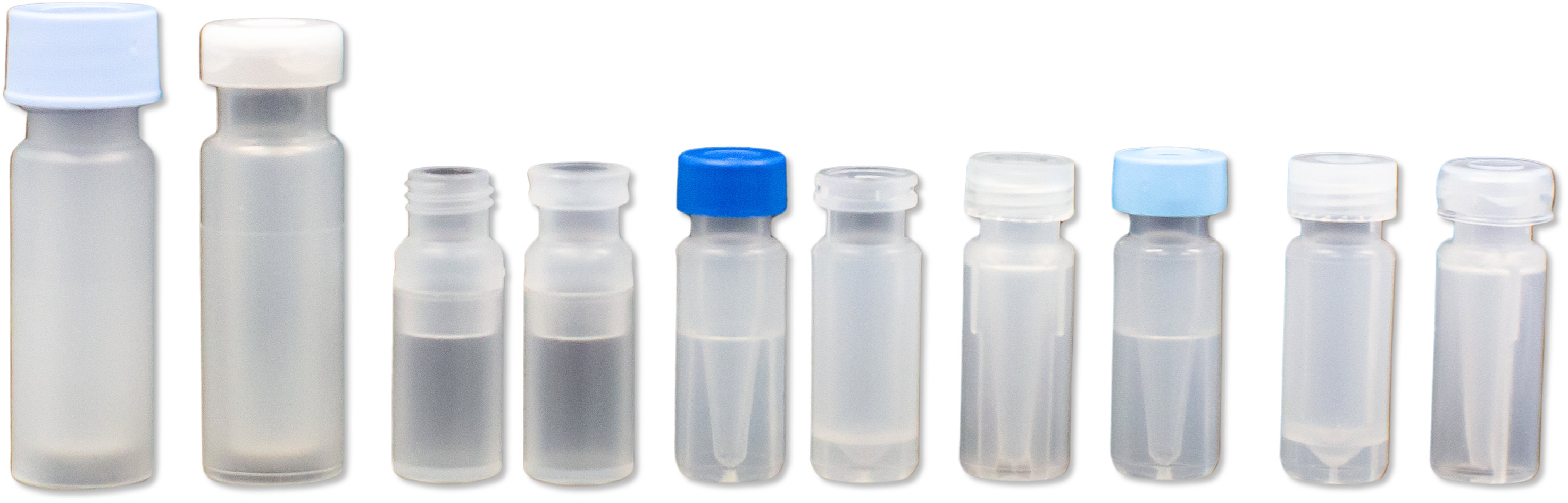 Close-up of polypropylene PFAS-safe vials in various volumes and cap styles on white background