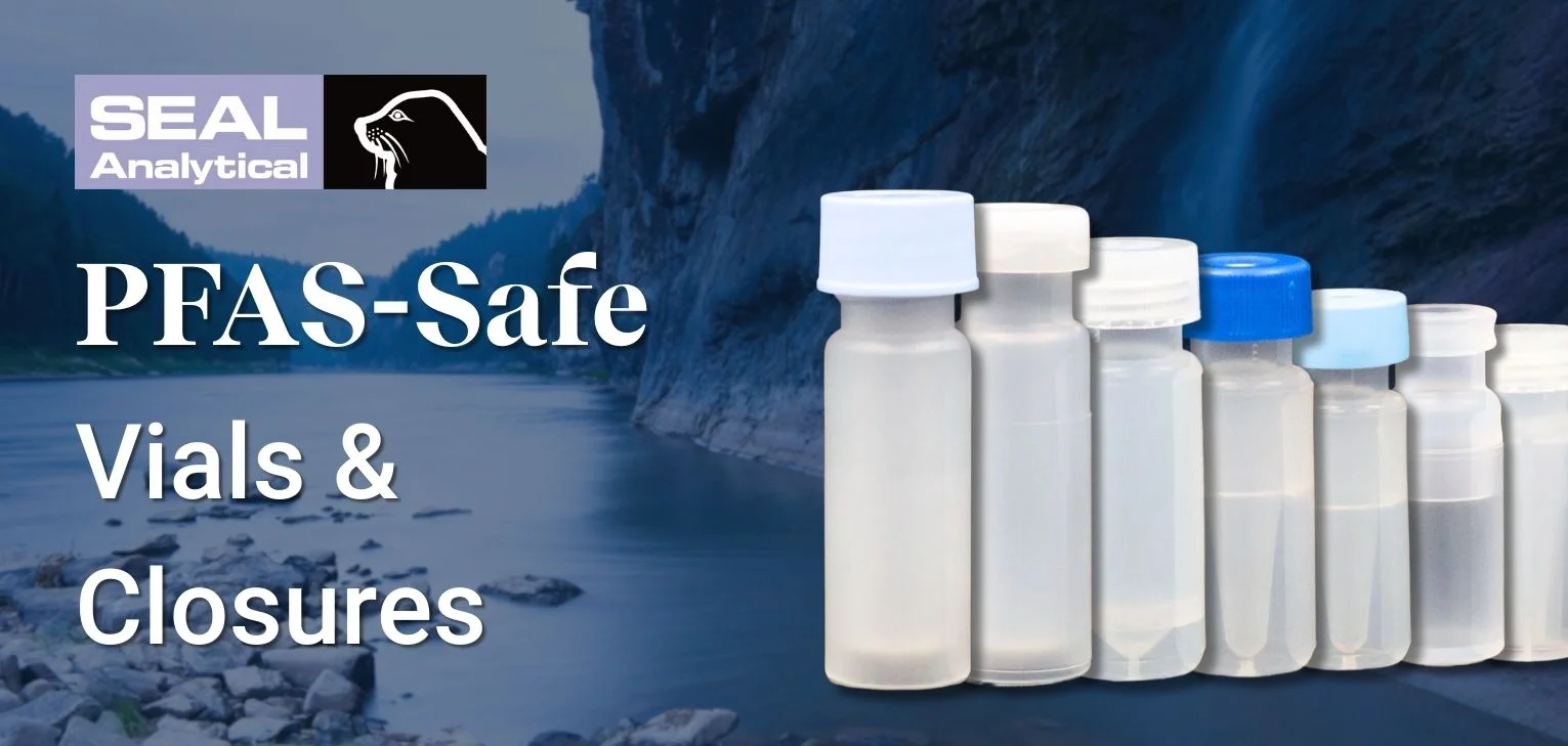 PFAS-safe autosampler vials and closures for minimized PFAS testing contamination displayed with SEAL logo and waterfall background